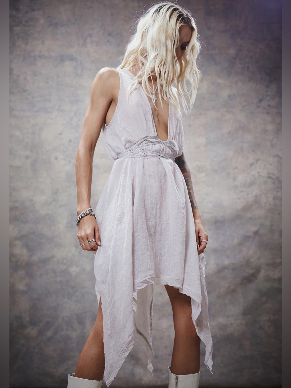 Darker Wavs Dolls Kill Filter Draped Gauze Mini Dress Stone Beige Handkerchief M